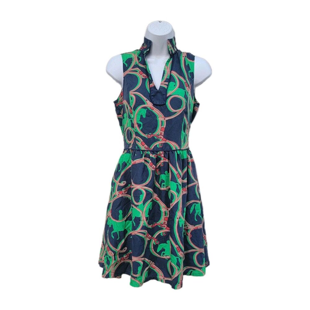 SAIL to SABLE silk Dress Sz 2 Horse Print Equestrian Blue and Green Sleeveless